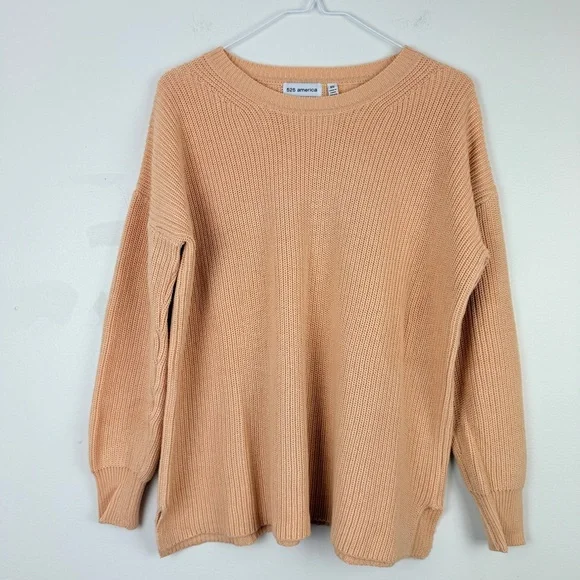 525 America EMMA: CREWNECK SHAKER STITCH Peach Knit Sweater Minimalist Cozy - Picture 6 of 11